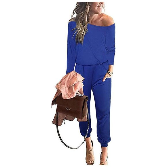 Women's Casual Long Sleeve Jumpsuit Crewneck One Off Shoulder Blue